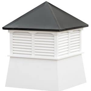 small square vinyl cupola with louvers and straight aluminum roof