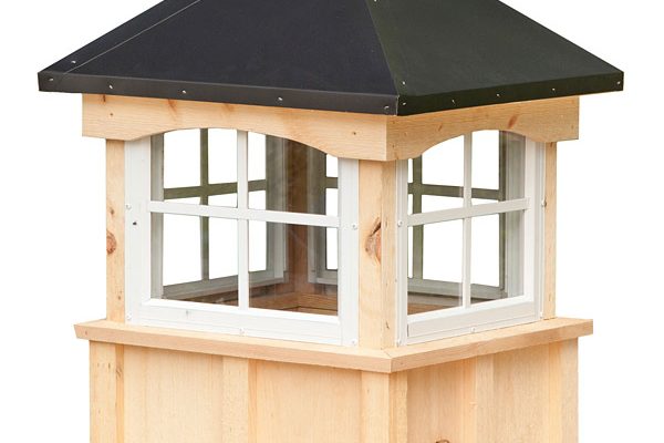 square wood cupola with windows and straight aluminum roof